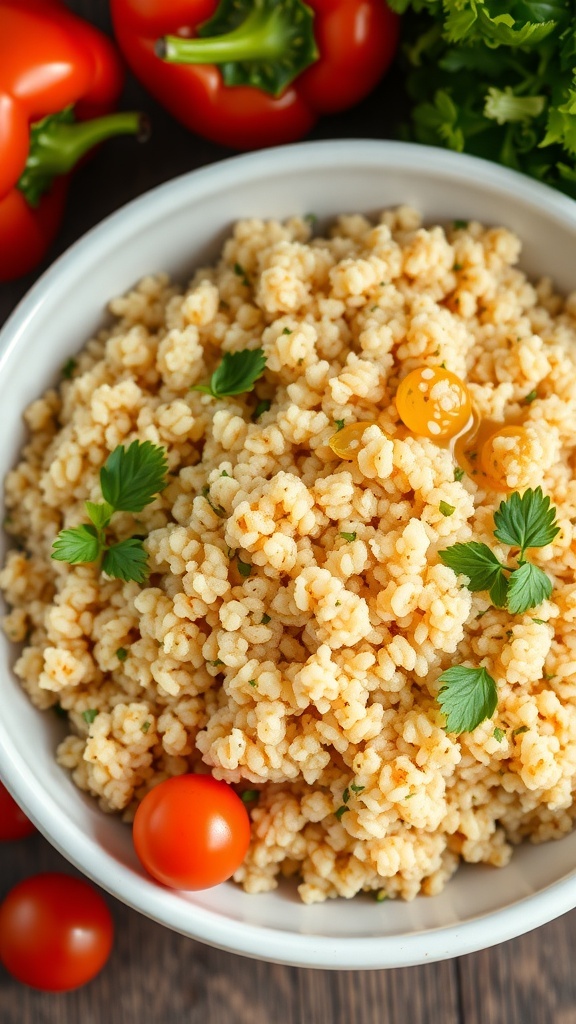 A bowl of seasoned quinoa with herbs and vegetables on a wooden table.